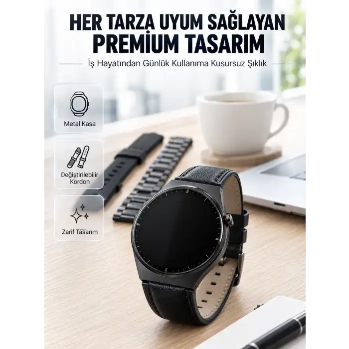 3 Kordonlu AMOLED Ekran Bluetooth Aramalı Akıllı Saat Metal, Deri ve Silikon Kordon Seti