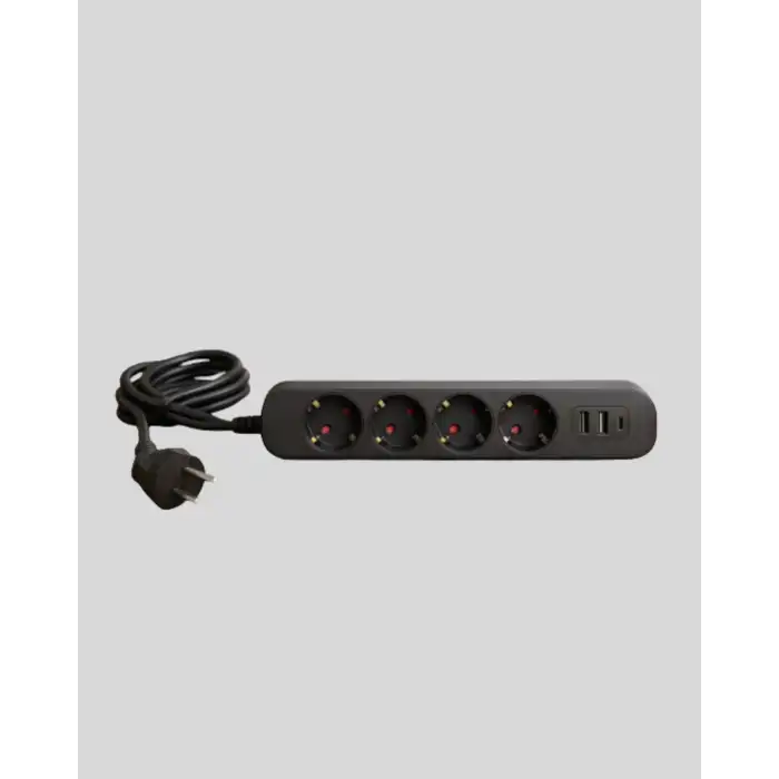 4’lü Çoklu Priz 2 USB Type-C Girişli Akım Korumalı Siyah