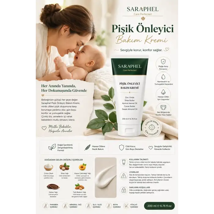 3lü Pişik Önleyici Bebek Bakım Kremi 200 ml | Saraphel Hassas Cilt Bakımı