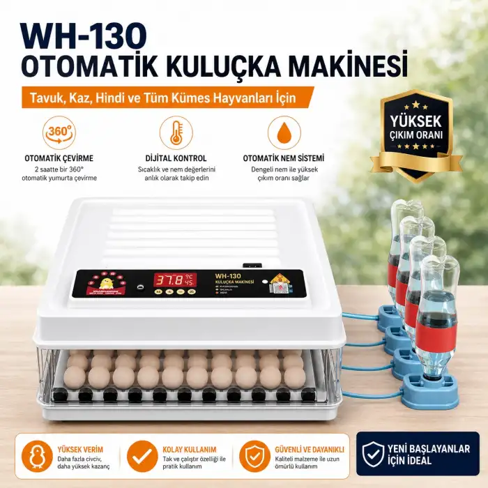 WH-130 Kuluçka Makinası 130 Yumurta Kapasiteli Tam Otomatik – Tavuk, Kaz, Hindi, Ördek Uyumlu – Yedek Motor Hediyeli