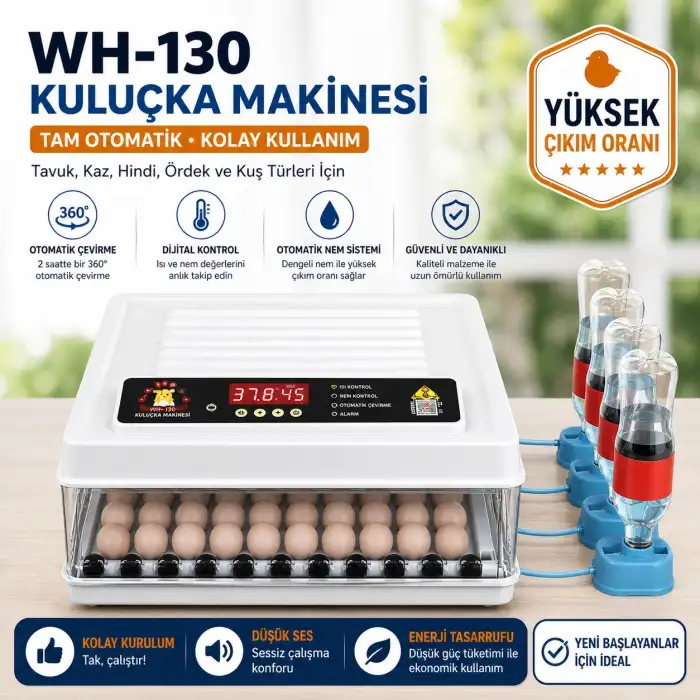 WH-130 Kuluçka Makinesi 130 Yumurta Kapasiteli Tam Otomatik 12V Destekli Yedek Motor Hediyeli