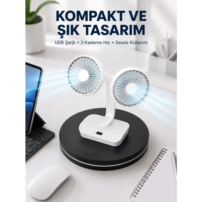 720° Döner Çift Taraflı Masaüstü Vantilatör – USB Şarjlı Sessiz Fan