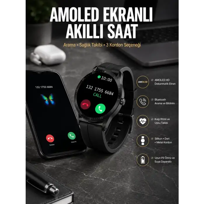 Akıllı Saat Amoled Ekran 3 Kordonlu NFC Ve GPS Uyumlu
