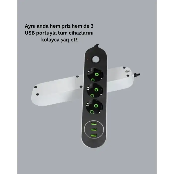 Akım Korumalı Anahtarlı USB Girişli Üçlü Priz