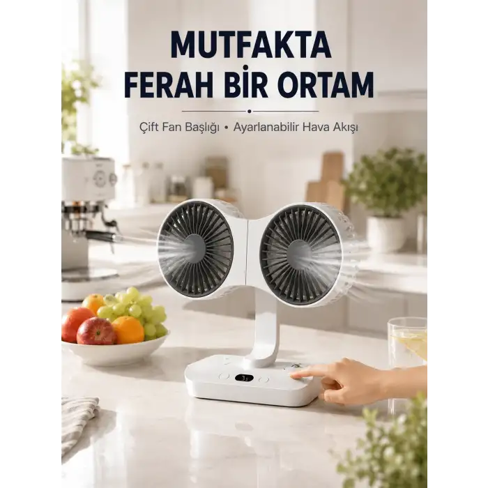 Ayarlanabilir Çift Fan Başlıklı Şarjlı Masa Vantilatörü