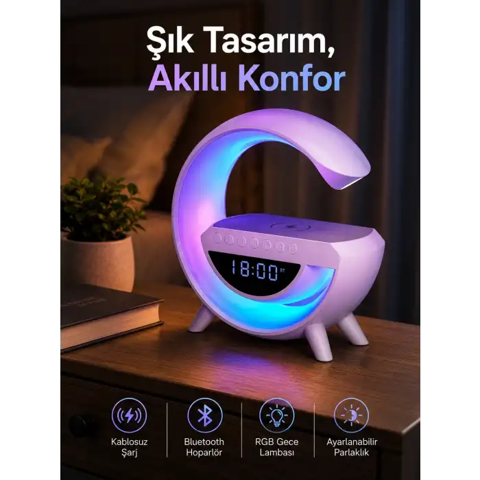 Bluetooth Hoparlör 15W Kablosuz Hızlı Şarj LED Gece Lambası