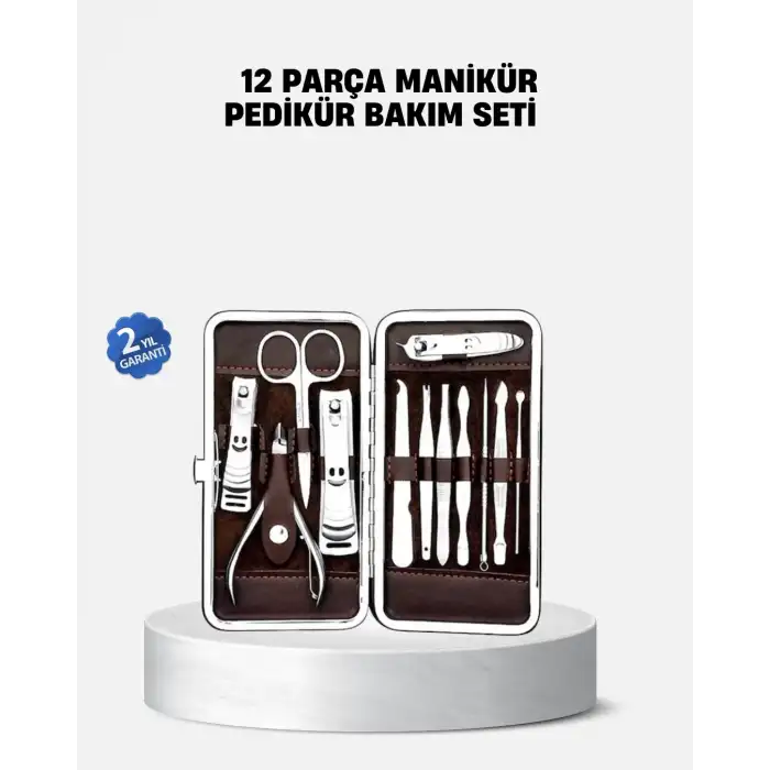 Özel Deri Çantalı 12 Parça Manikür Pedikür Bakım Seti Paslanmaz Çelik