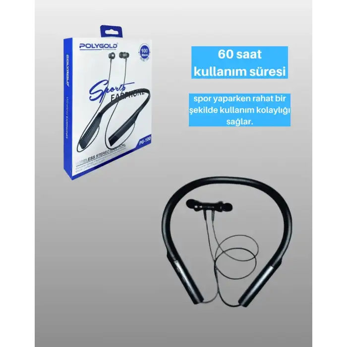Polygold PG-100 Type-C Şarjlı Bluetooth Kulaklık – Boyun Askılı, Uzun Pil Ömürlü, Mikrofonlu