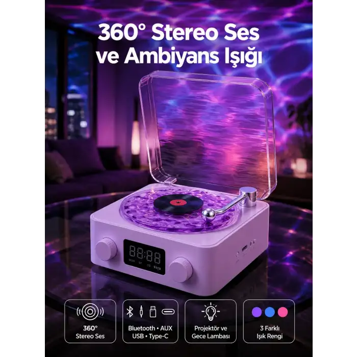 Retro Pikap Tasarımlı Bluetooth Hoparlör – Projektörlü Şarjlı Lamba