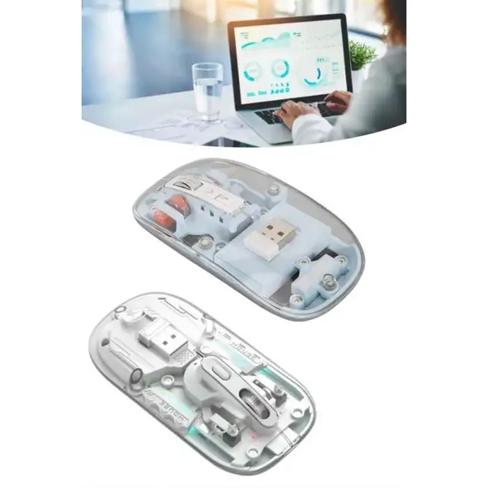 Sessiz Tıklama Çift Modlu Bluetooth Ve Alıcı Şeffaf Mouse Fare