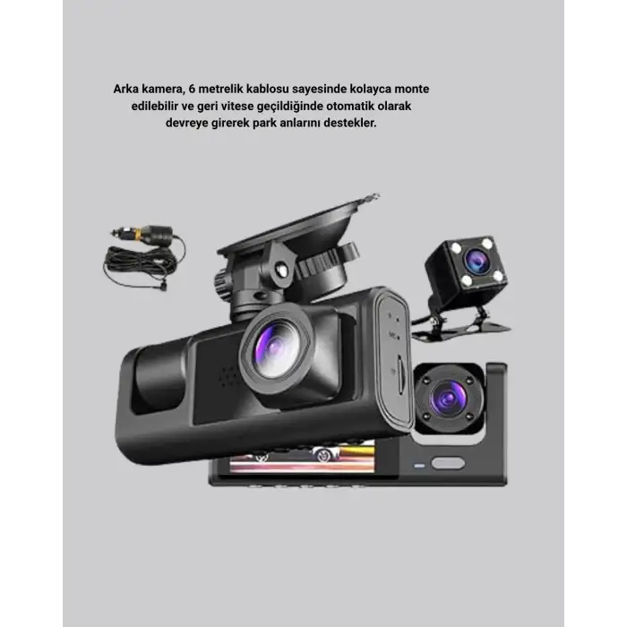 Üç Kameralı Araç DVR Full HD Gece Görüşlü ve 2 inç IPS Ekranlı