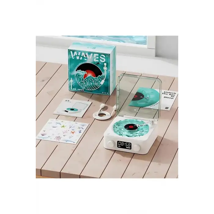 Waves Nostalji Plak Görünümlü Bluetooth Hoparlör 3d Ses Dalgası Retro Müzik Plak Mavi
