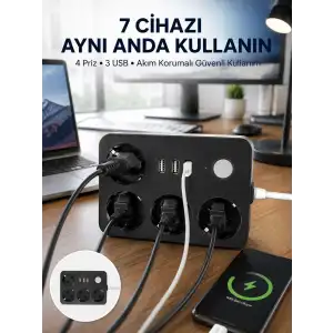 3 USB Çıkışlı 4’lü Akıllı Priz 2500W 2 Metre Kablo