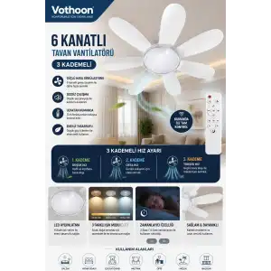 6 Kanatlı 3 Kademeli Led Aydınlatmalı Uzaktan Kumandalı Tavan Vantilatörü