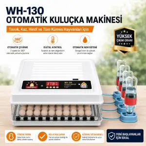 WH-130 Kuluçka Makinası 130 Yumurta Kapasiteli Tam Otomatik – Tavuk, Kaz, Hindi, Ördek Uyumlu – Yedek Motor Hediyeli