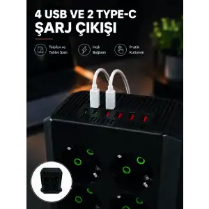8li Dikey Çoklu Priz 4 USB 2 Type-C Akım Korumalı Anahtarlı Priz