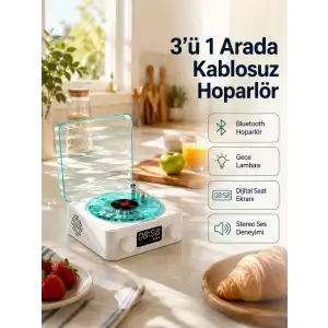 Bluetooth Hoparlör – 3-ü-1 Saatli Gece Lambası ve Vintage Tasarım