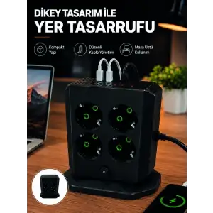Dikey Priz Kulesi 8 AC Priz 4 USB 2 Type-C Çocuk Korumalı Güç Dağıtıcı