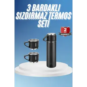 Termos Paslanmaz Çelik Termos Siyah Renk 3 Bardaklı Termos Seti