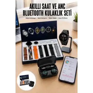 Ucuz Kaliteli Yeni Nesil 7 Kordonlu Akıllı Saat ve Kablosuz Bluetooth Kulaklık ANC Özelliği