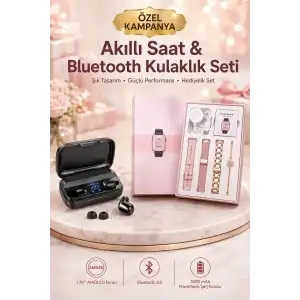 Wireless Şarjlı Pembe Akıllı Saat ve Kablosuz Bluetooth Kulaklık Dokunmatik Kontrol