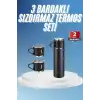 Termos Paslanmaz Çelik Termos Siyah Renk 3 Bardaklı Termos Seti