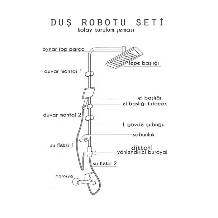Epilons Robot Tepe Duş Sistemi Yağmurlama Duş Seti Krom Siyah Kare