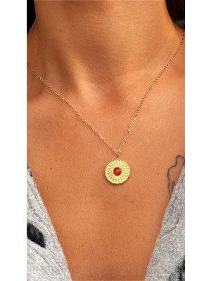 Çelik Daire Kırmızı Taş Kolye