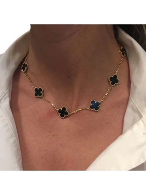 Çelik Çoklu Yonca Siyah Kolye
