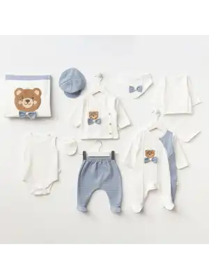 Miniycool 10014 Mnz Marka Süzine Nakışlı Ayıcık Yeni Doğan Hastane Çıkışı Erkek 10lu Set