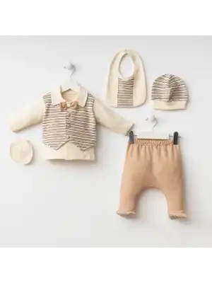 Miniycool 7071 Mnz Marka Çizgili Yelek Detaylı Yeni Doğan Hastane Çıkışı Erkek 5li Set
