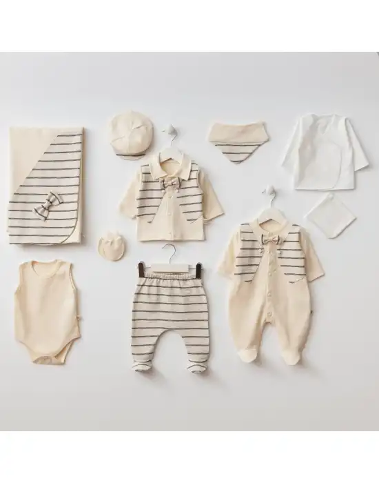 Miniycool 10004  Mnz Marka Çizgi Detaylı Yeni Doğan Hastane Çıkışı Erkek 10lu Set