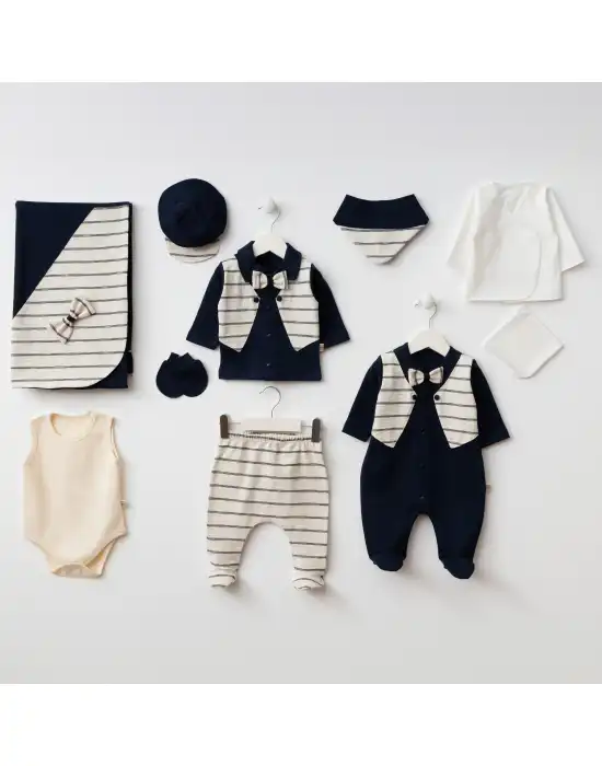 Miniycool 10004  Mnz Marka Çizgi Detaylı Yeni Doğan Hastane Çıkışı Erkek 10lu Set