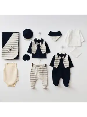 Miniycool 10004  Mnz Marka Çizgi Detaylı Yeni Doğan Hastane Çıkışı Erkek 10lu Set