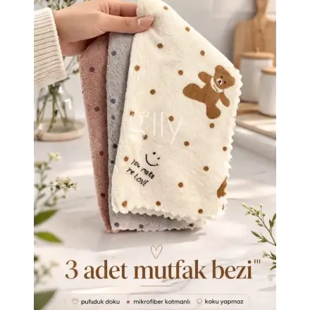Sevimli Ayı Desenli Temizlik Bezi (Yumuşak Dokulu Bez, 3 adet)
