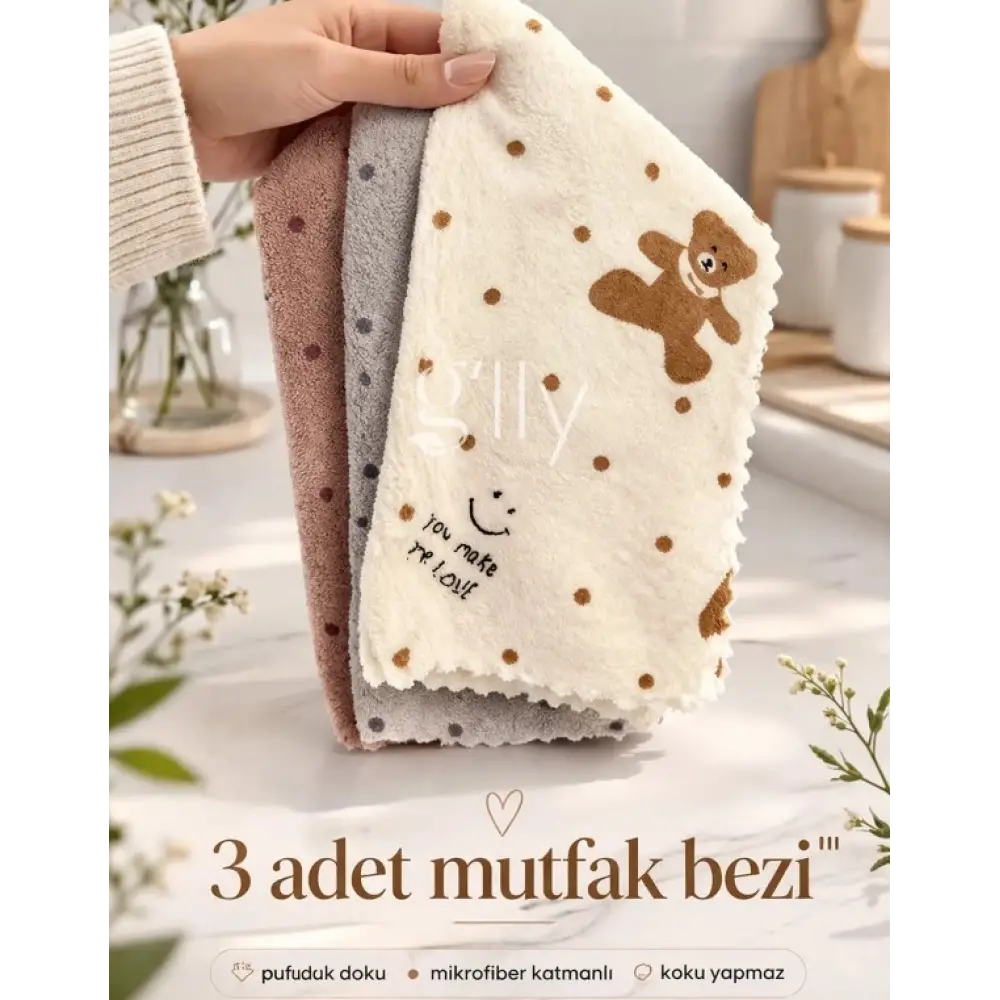 Sevimli Ayı Desenli Temizlik Bezi (Yumuşak Dokulu Bez, 3 adet)