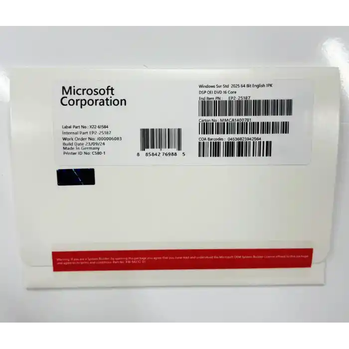 Microsoft Windows Server 2025 Standard 16 core OEM DVD Box