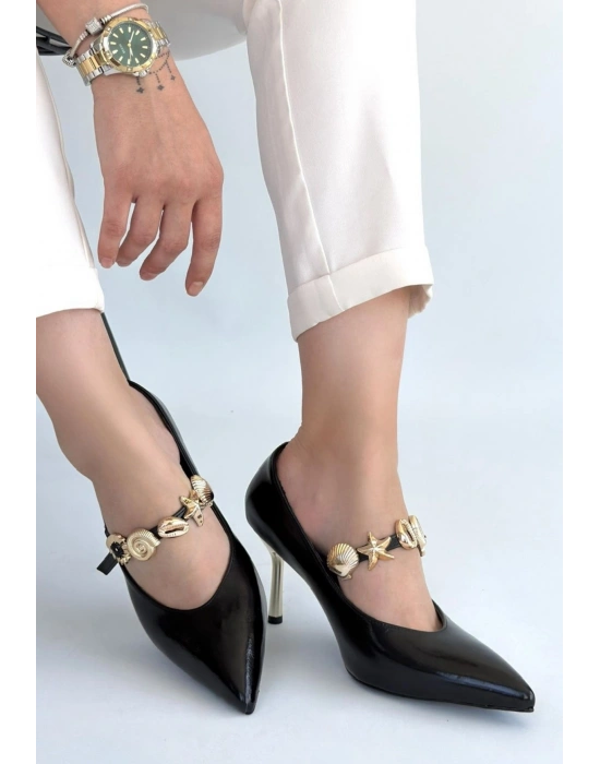 Conne Siyah Cilt Stiletto Ayakkabı