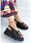 Gwon Siyah Cilt Dolgu Topuk Sandalet