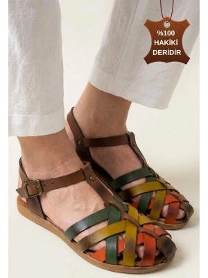 Woji Taba Hakiki Deri Kemerli Sandalet