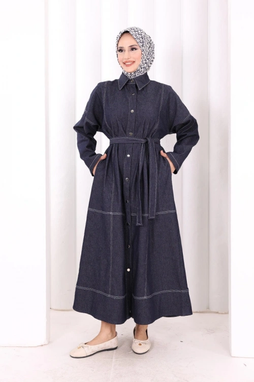 Düğmeli Denim Elbise 7070