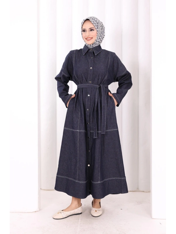 Düğmeli Denim Elbise 7070