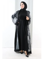 Desenli Abaya Elbise Üçlü Takım 7087