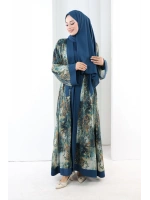 Desenli Abaya Elbise Üçlü Takım 7087