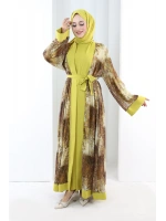 Desenli Abaya Elbise Üçlü Takım 7087