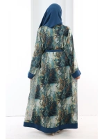 Desenli Abaya Elbise Üçlü Takım 7087