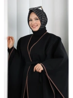Kuşaklı Geniş Kol Kaşe Panço 70038 Siyah