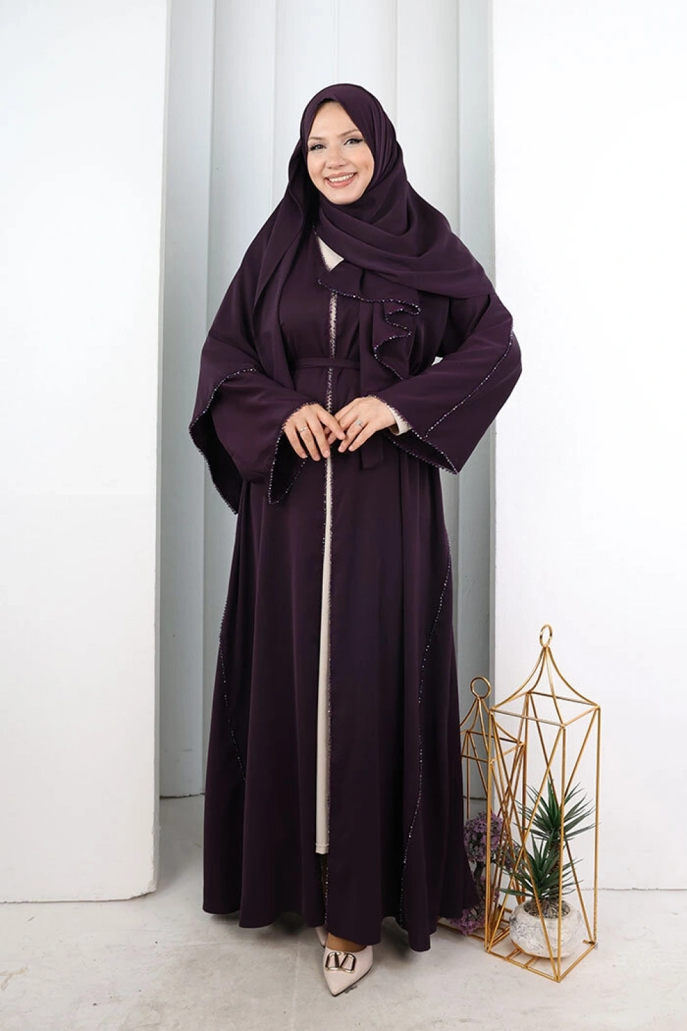 Kristal Taşlı Şallı Abaya 9205