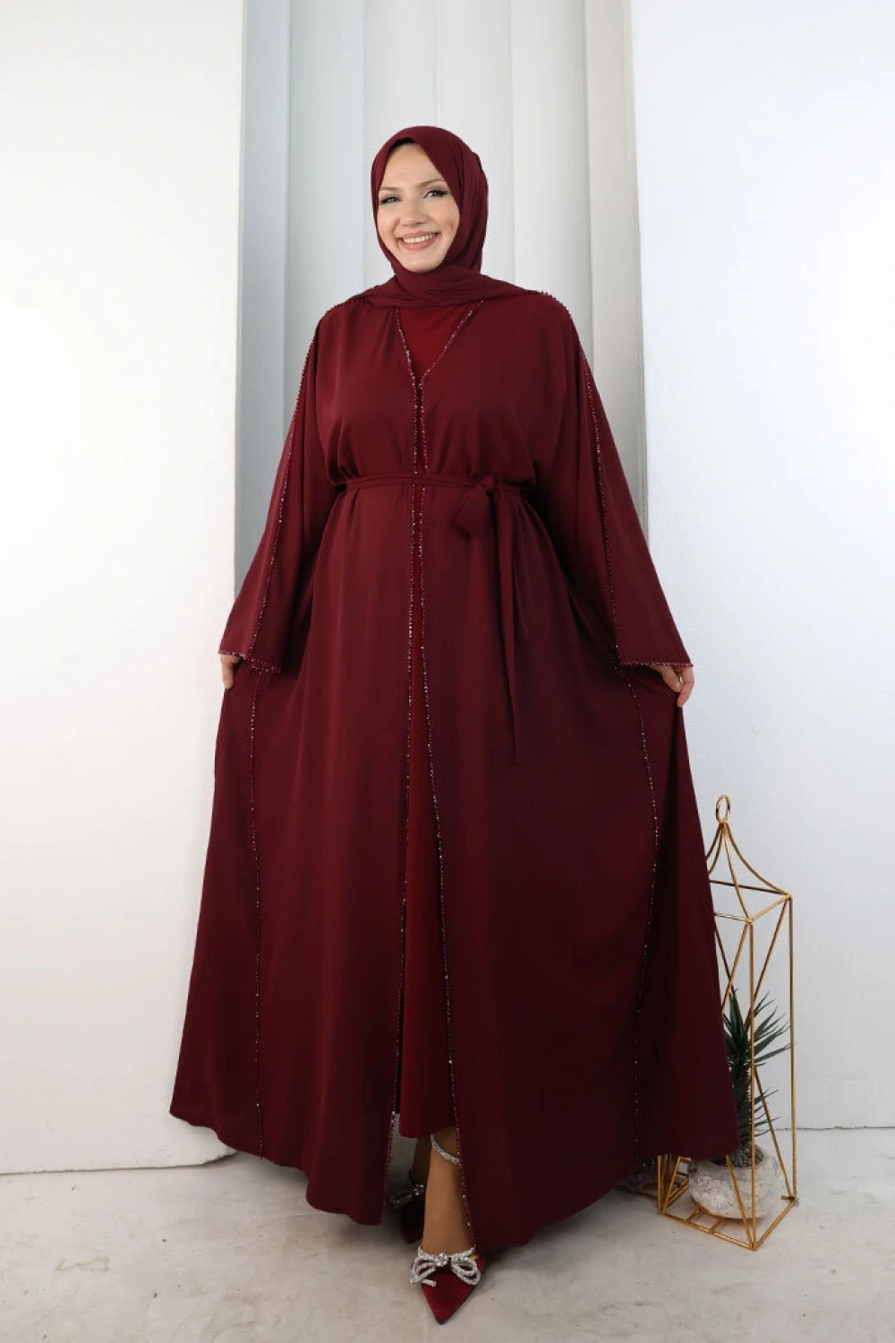 Kristal Taşlı Şallı Abaya 9205