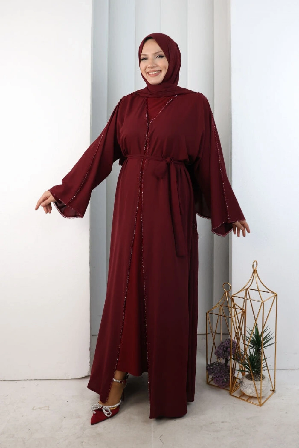Kristal Taşlı Şallı Abaya 9205